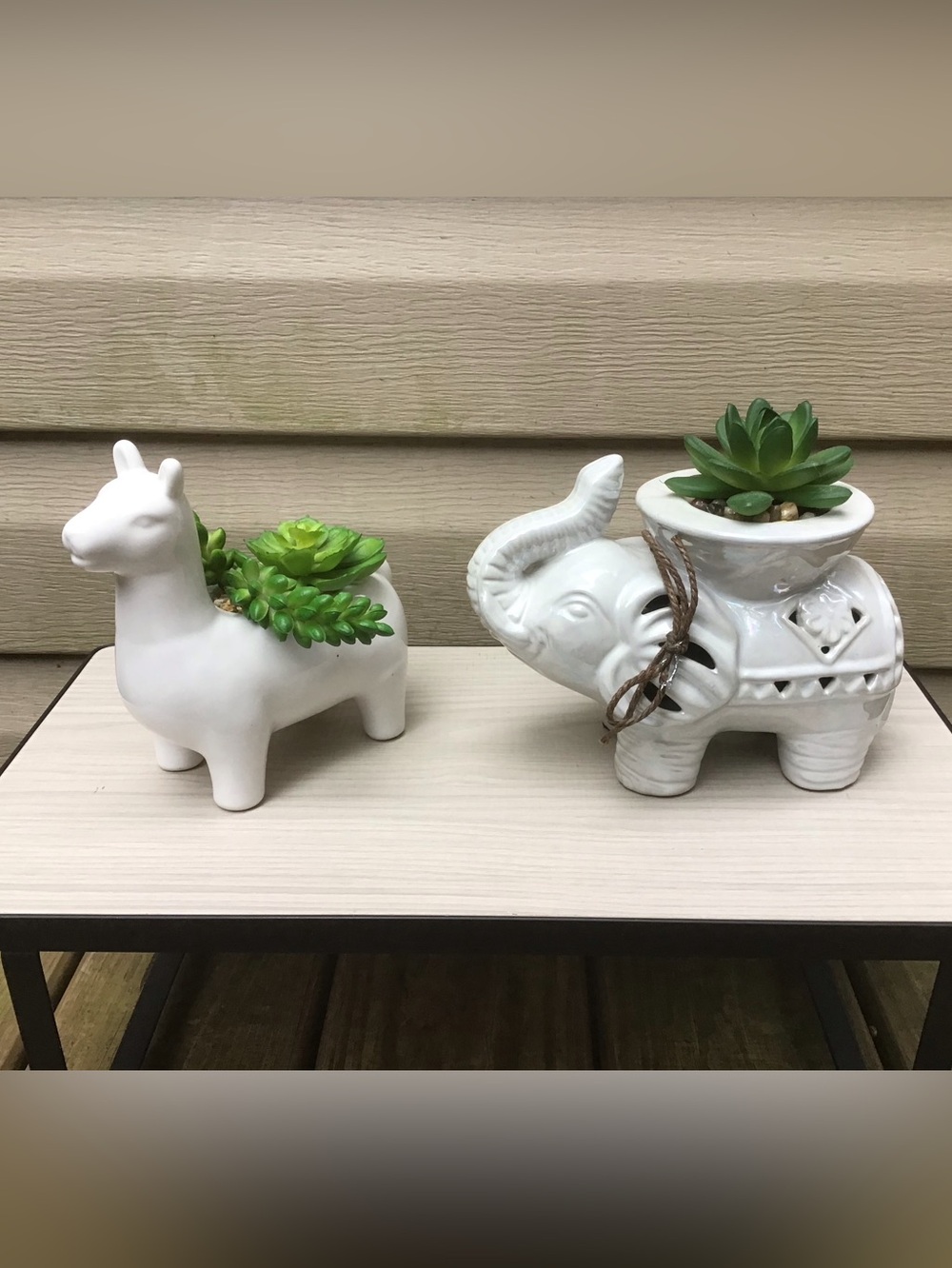 Two Ceramics Holding Faux Succulents, Llama & Elephant